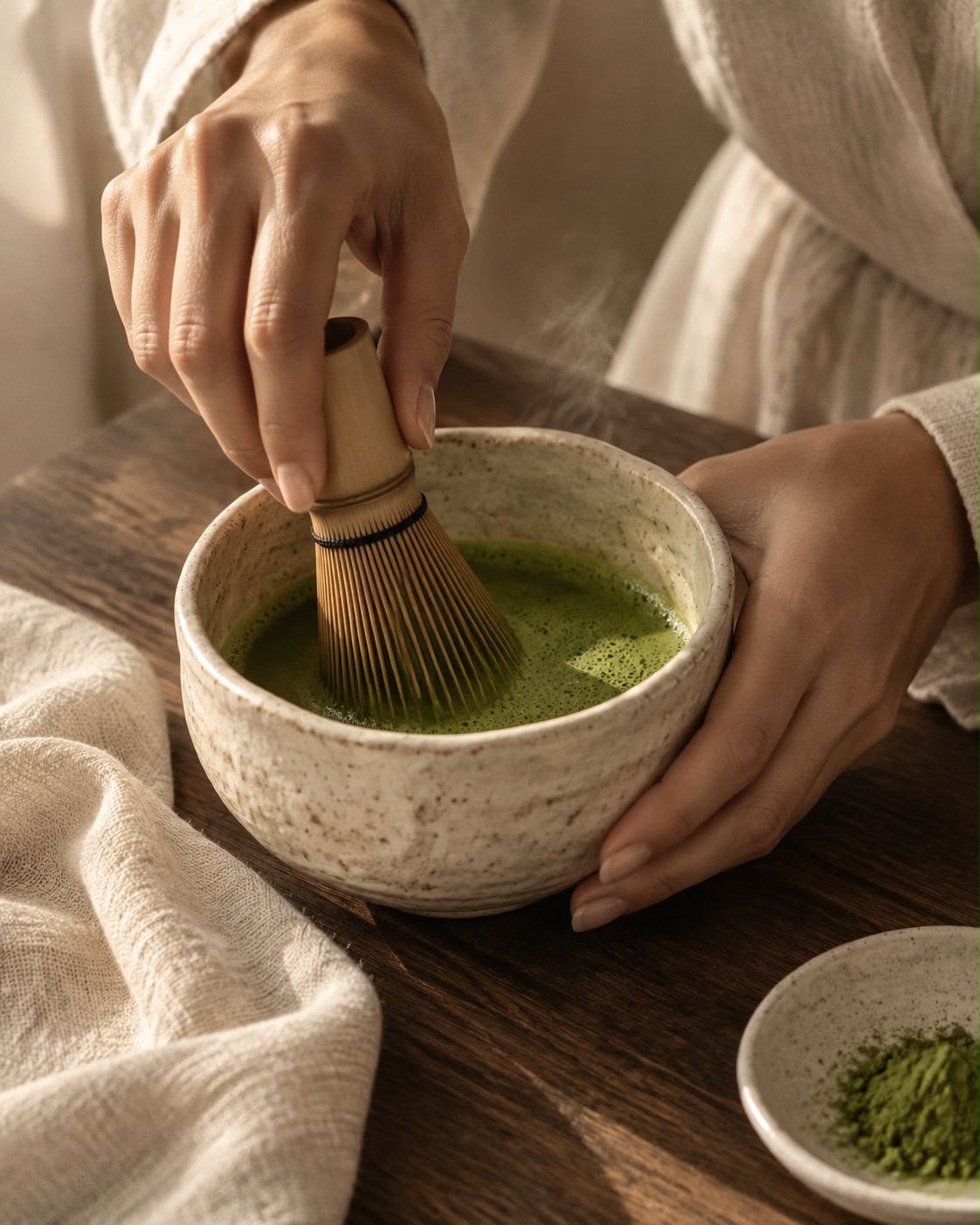Hands whisking fresh matcha in a ceramic bowl