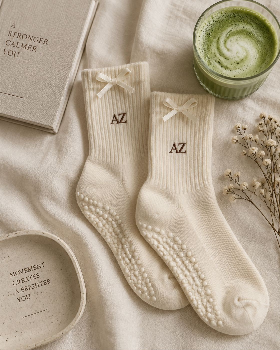 AZ Pilates grip socks and matcha flatlay