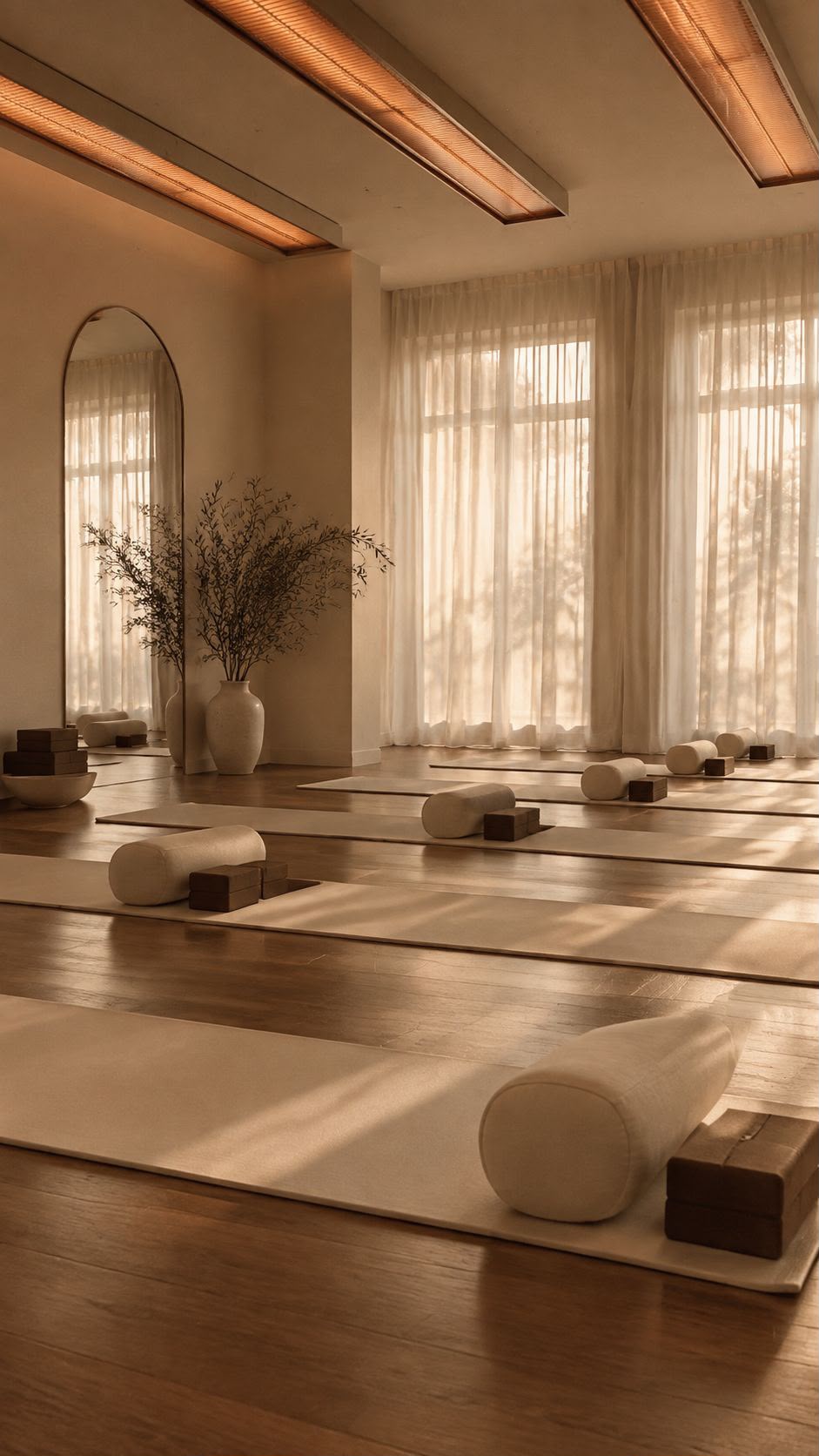 Sunlit AZ Pilates studio with mats, bolsters and sheer curtains